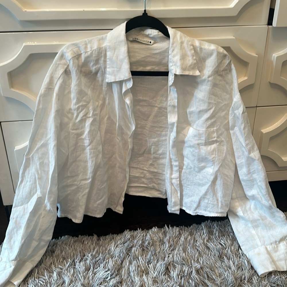 ZARA linen cropped button down shirt